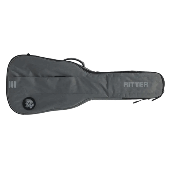 Eine graue Ritter Carouge E-Gitarren-Tasche liegt horizontal auf weißem Hintergrund.