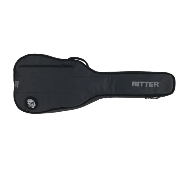 Eine schwarze Ritter Davos Konzertgitarrentasche liegt horizontal auf einer weißen Fläche.