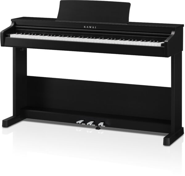 Abgebildet ist ein schwarzes Kawai CX-102W Digitalpiano mit Notenpult und drei Pedalen, das laut Beschreibung mit einer Klavierbank angeboten wird.