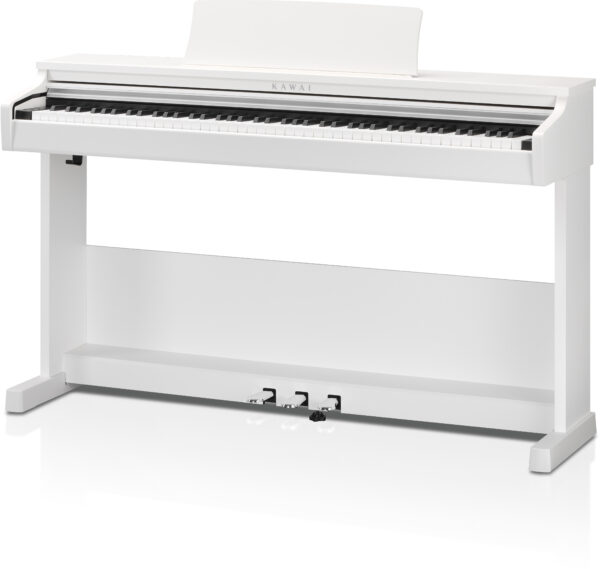 Das Bild zeigt ein weißes Kawai CX-102W Digitalpiano mit Notenpult und Pedalen, das mit einer kostenlosen Klavierbank angeboten wird.
