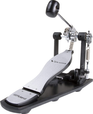 Das Bild zeigt ein silbernes Roland RDH-100 Kick Drum Pedal mit schwarzer Fußplatte und schwarzem Schlägel.