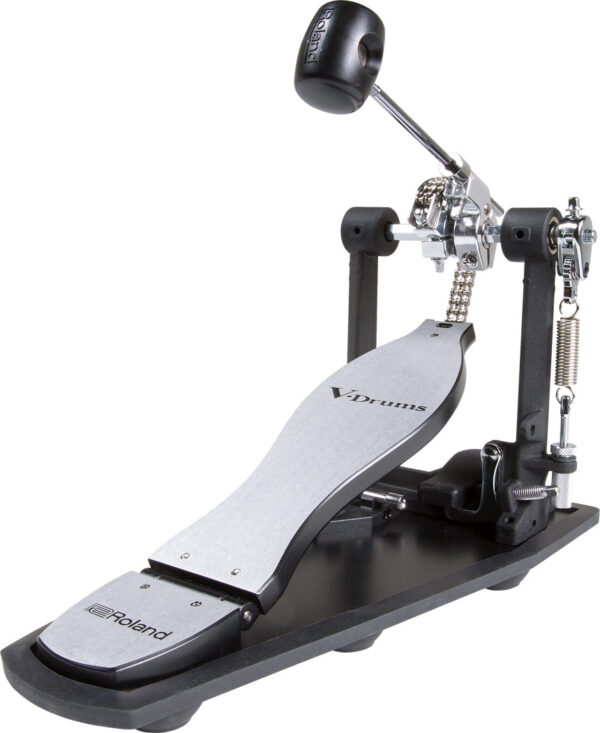 Das Bild zeigt ein silbernes Roland RDH-100 Kick Drum Pedal mit schwarzer Fußplatte und schwarzem Schlägel.