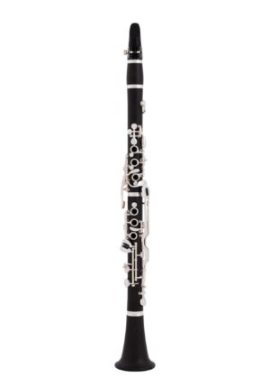 Eine schwarze Schreiber B-Klarinette, Modell D12, ist mit silberfarbenen Klappen und Ringen auf einem weißen Hintergrund abgebildet.