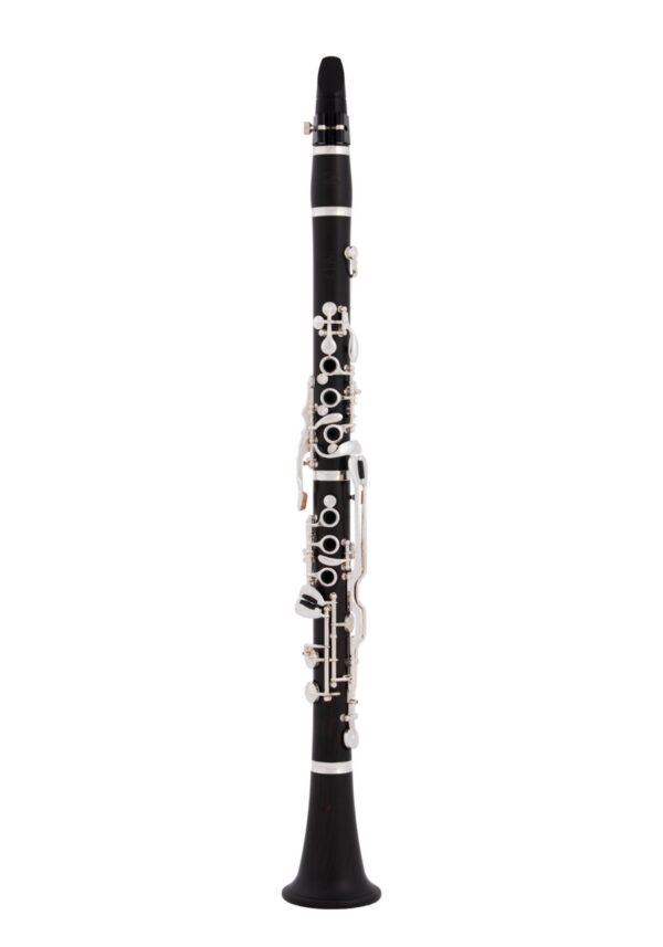 Eine schwarze Schreiber B-Klarinette, Modell D12, ist mit silberfarbenen Klappen und Ringen auf einem weißen Hintergrund abgebildet.