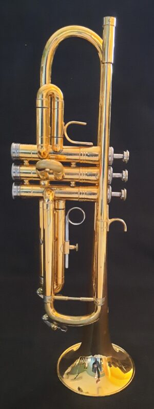 Eine gebrauchte, vergoldete SELMER B-Trompete des Modells Chorus 703 steht aufrecht vor einem dunklen Hintergrund.