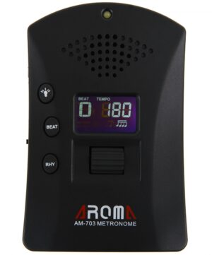 Ein schwarzes Aroma Metronom AM-703 mit einem Display, auf dem "BEAT" und "TEMPO" angezeigt werden, sowie mehreren Bedienelementen und einer Lautsprecheröffnung im oberen Bereich.