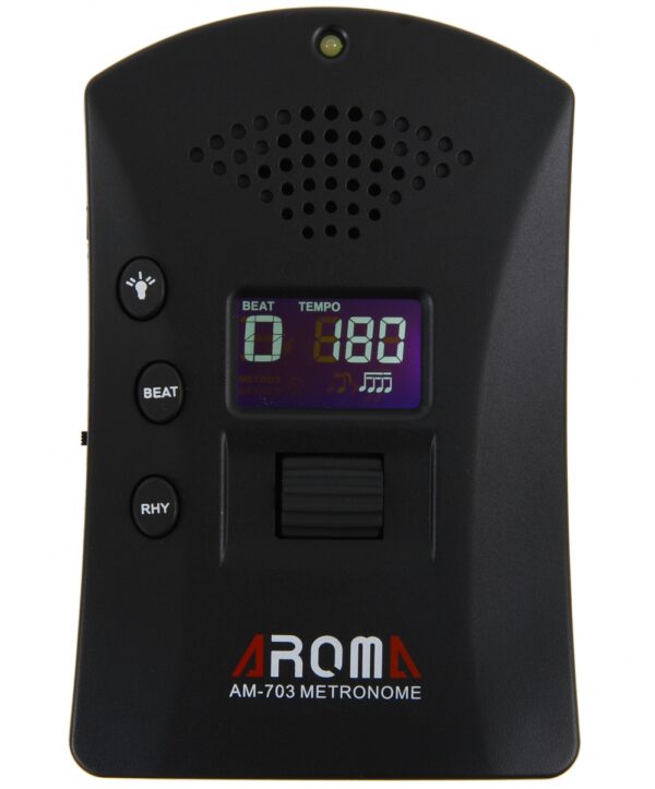 Ein schwarzes Aroma Metronom AM-703 mit einem Display, auf dem "BEAT" und "TEMPO" angezeigt werden, sowie mehreren Bedienelementen und einer Lautsprecheröffnung im oberen Bereich.