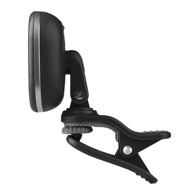 Das Bild zeigt das wiederaufladbare Stimmgerät Cherub WST-675 BLK in Schwarz, bestehend aus einem Display mit silberfarbenem Rand, einem Gelenk und einer Klemme.