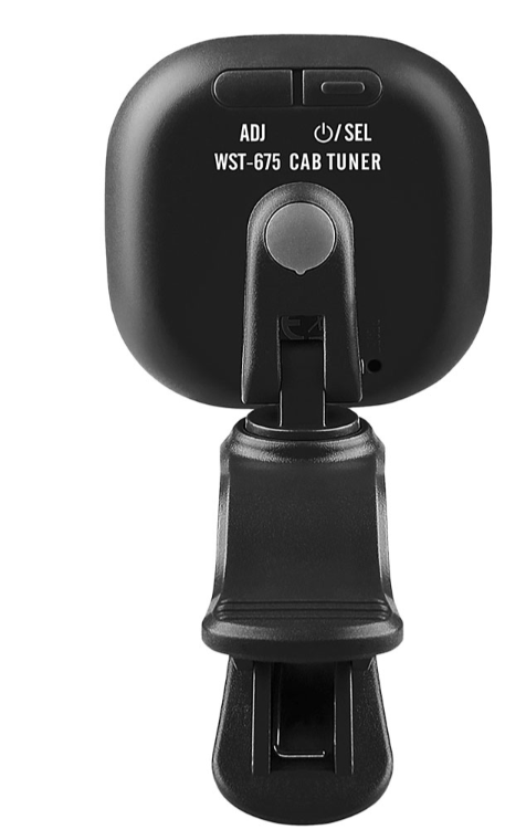 Das Bild zeigt ein schwarzes, wiederaufladbares Cherub WST-675 BLK Capo-Stimmgerät mit einem Clip zur Befestigung und einem Display auf der Oberseite, auf dem die Aufschrift "ADJ WST-675 CAB TUNER" zu sehen ist.