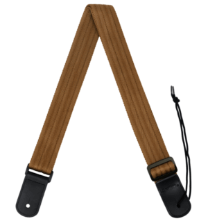 Abgebildet ist ein brauner Ukulelengurt, Cascha HH 2203, aus Nylon mit schwarzen Endstücken und einer schwarzen Kordel.