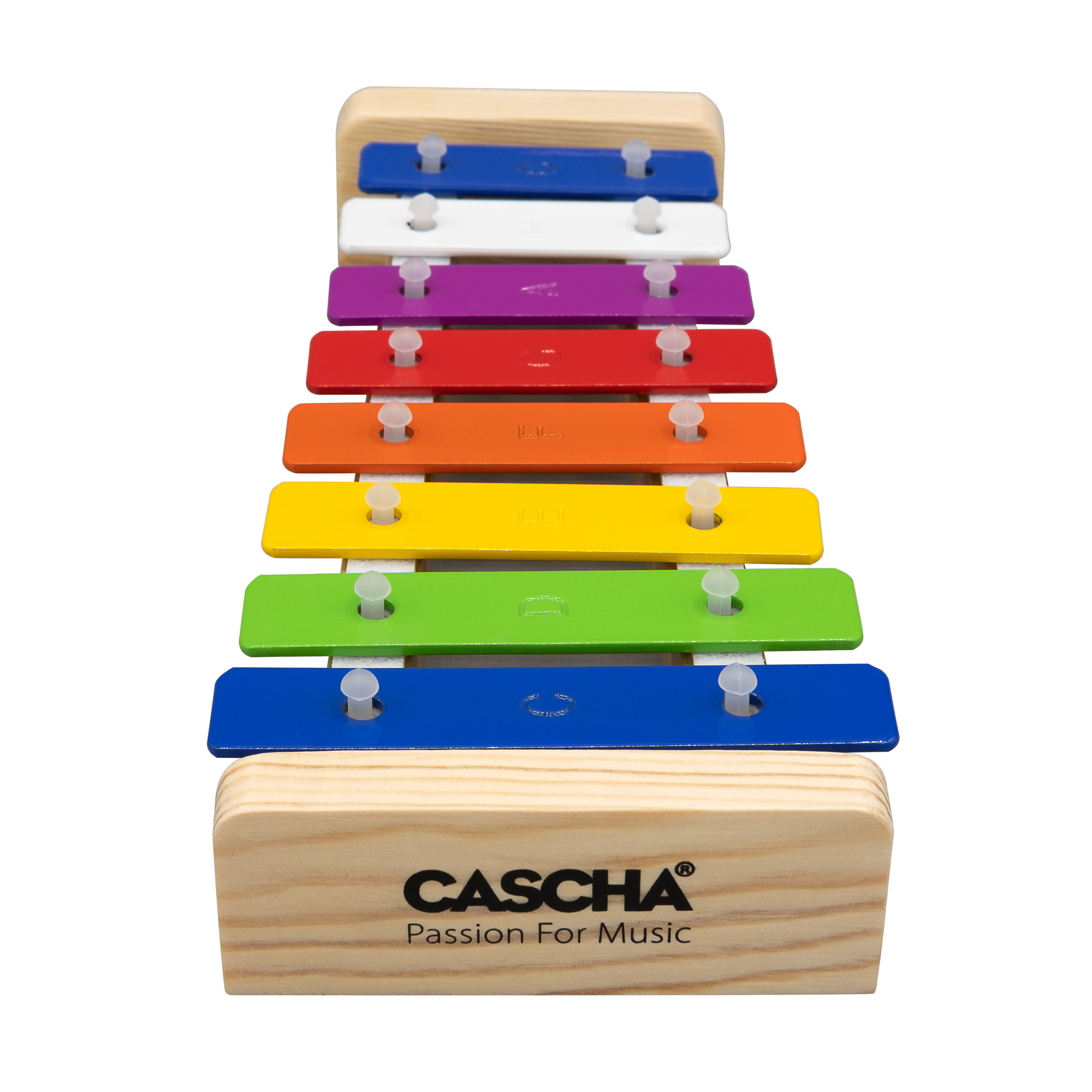 Das Cascha HH 2100 Glockenspiel besteht aus einem Holzrahmen mit dem Schriftzug "Cascha Passion For Music" und darauf befestigten, verschiedenfarbigen Klangplatten in Blau, Weiß, Violett, Rot, Orange, Gelb und Grün.