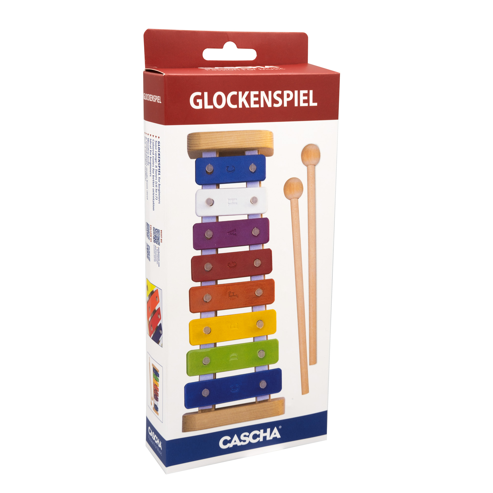 Ein verpacktes Cascha HH 2100 Glockenspiel ist zu sehen, wobei die Verpackung ein Bild des Glockenspiels zeigt, welches aus bunten Klangplatten in den Farben Blau, Grün, Gelb, Orange, Rot, Violett, Weiß und Blau besteht, sowie zwei helle Holzschlägel.