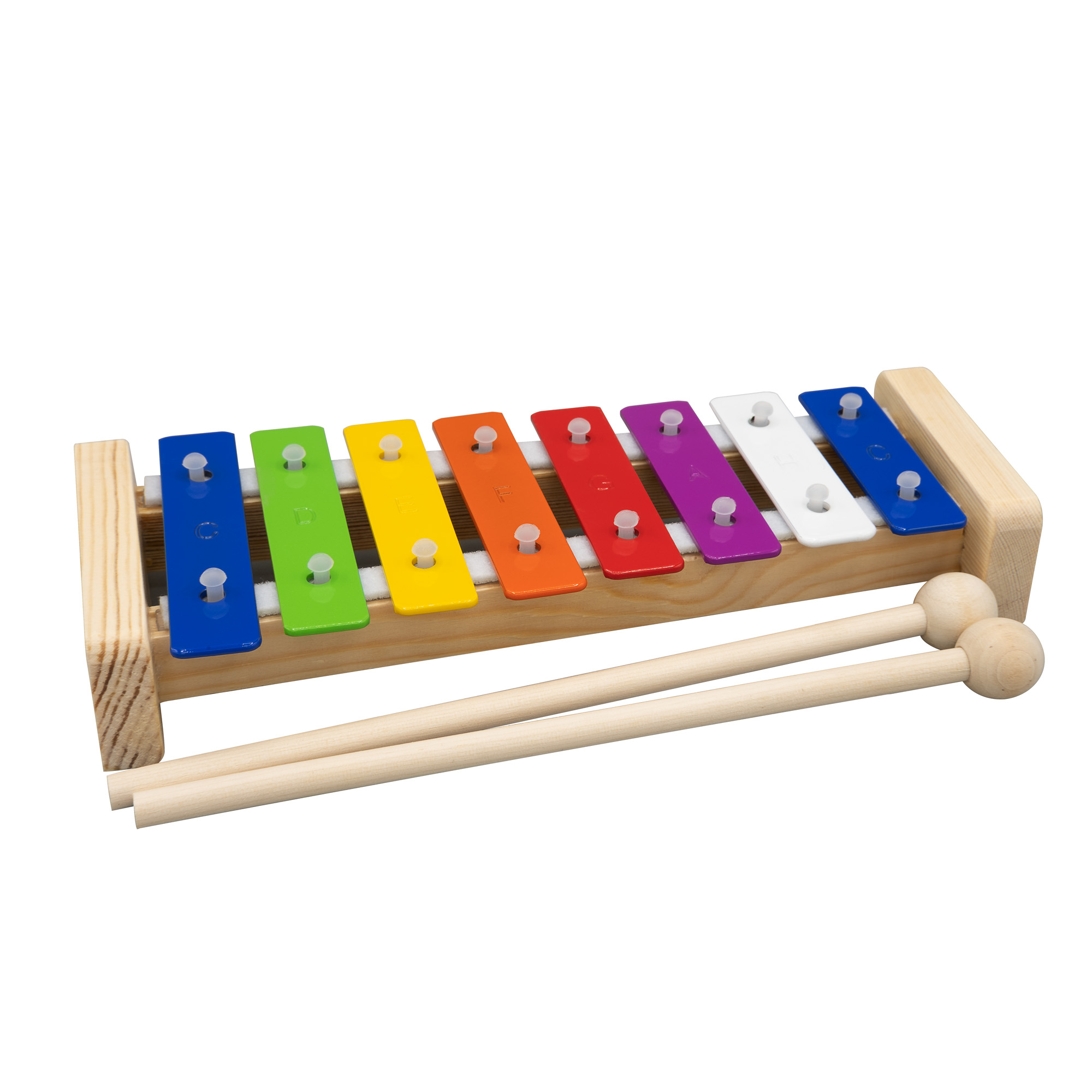 Das Cascha HH 2100 Glockenspiel zeigt ein Instrument mit acht bunten, horizontal angeordneten Klangplatten in den Farben Blau, Grün, Gelb, Orange, Rot, Violett und Weiß, befestigt auf einem Rahmen aus hellem Holz, mit zwei hellen Holzschlägeln davor.