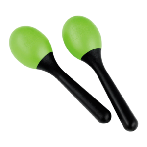 Das Bild zeigt zwei NINO Percussion Plastic Egg Maracas mit hellgrünen, eiförmigen Oberteilen und schwarzen Griffen.