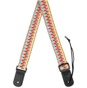 Der Cascha HH 2200 Ukulele Strap Jacquard-Rainbow ist ein farbenfroher Ukulelengurt mit einem Jacquard-Muster in Regenbogenfarben, schwarzen Lederenden und einem schwarzen Befestigungsband.