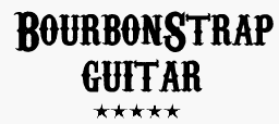 Schwarze Schriftzüge "BOURBONSTRAP" und "GUITAR" in einer verzierten Schriftart sind übereinander angeordnet und werden von fünf schwarzen, fünfeckigen Sternen auf weißem Hintergrund ergänzt.