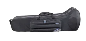 Das Bild zeigt ein schwarzes Champion Posaunen Etui mit weißen Zierstreifen und einem separaten, gesteppten Außenfach.