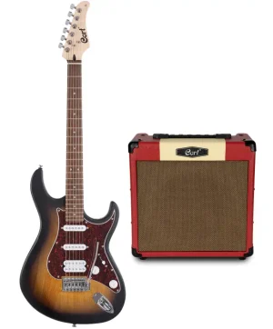 Das Bild zeigt das "Cort G110/CM15RBK Set", bestehend aus einer E-Gitarre mit schwarz-braunem Sunburst-Korpus, einem rot-beigen Verstärker und einem Ahornhals mit dunklem Griffbrett.