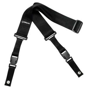 Der schwarze DiMarzio ClipLock DD2200BLK Gitarrengurt liegt in einer Y-Form vor einem schwarzen Hintergrund.