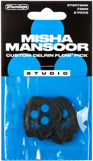 Die Abbildung zeigt eine Packung Dunlop Misha Mansoor Custom Delrin Flow Studio-Plektren, die mit einem schwarzen Design und blauen Punkten versehen sind und in einer transparenten Plastikverpackung präsentiert werden.
