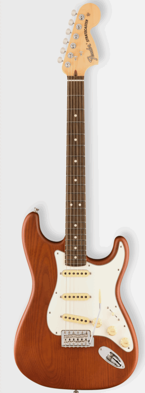 Abgebildet ist eine Fender Limited Edition AM Performer Timber Stratocaster Mocha E-Gitarre mit braunem Korpus, hellbraunem Hals und weißem Schlagbrett.