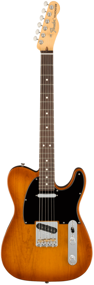 Abgebildet ist eine Fender AM Performer Telecaster RW HBST E-Gitarre mit braunem Korpus, schwarzem Schlagbrett und hellem Ahornhals.