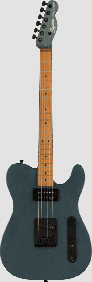 Das Bild zeigt eine Squier Contemporary Telecaster RH RMN GMM E-Gitarre in Grau mit einem Ahornhals und schwarzer Hardware.