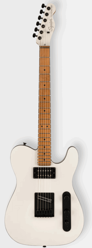 Das Bild zeigt eine weiße Squier Contemporary Telecaster RH RMN PWT E-Gitarre mit hellem Ahornhals und schwarzen Hardware-Komponenten.