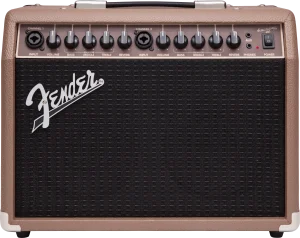 Ein brauner Fender Acoustasonic 40 Akustikverstärker mit schwarzer Lautsprecherabdeckung und Bedienelementen oben ist vor einem weißen Hintergrund dargestellt.