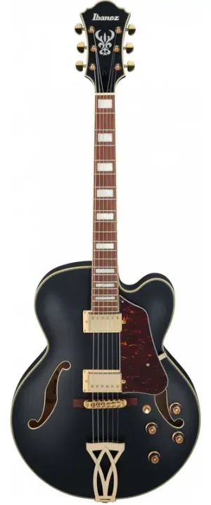 Das Bild zeigt eine schwarze Ibanez AF75G-BKF E-Gitarre mit goldfarbener Hardware, einem dunklen Schlagbrett und einem Hals mit rechteckigen, hellen Inlays.