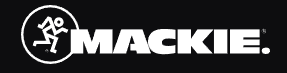 Das Bild zeigt das weiße Logo von Mackie auf einem schwarzen Hintergrund, bestehend aus einer stilisierte, laufenden Figur in einem Kreis und dem Schriftzug "MACKIE".