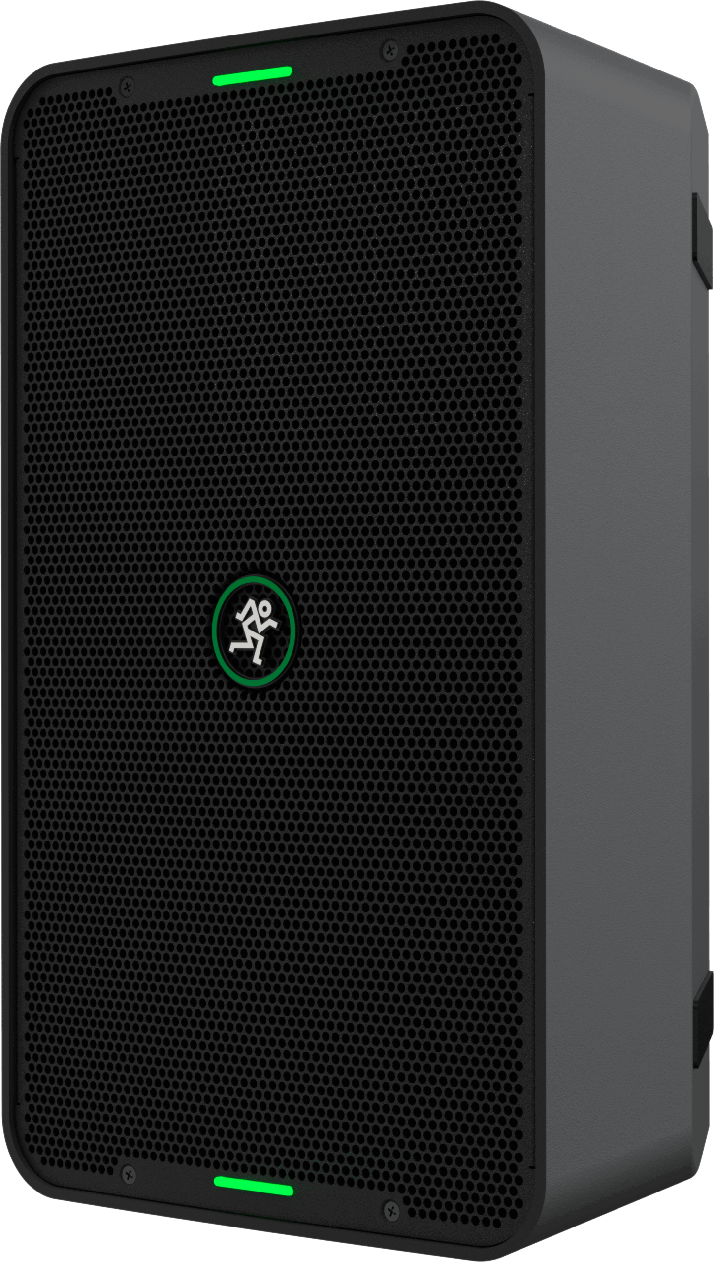 Abgebildet ist eine dunkelgraue tragbare Mackie ShowBox-Lautsprecherbox mit einem schwarzen Gitter an der Front, einem grünen Mackie-Logo in der Mitte und grünen Statusleuchten oben und unten.