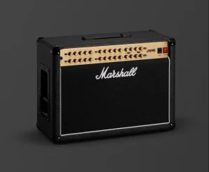 Auf anthrazitfarbenem Grund ist frontal ein Marshall JVM410 Combo E-Gitarrenverstärker in Schwarz mit goldfarbener Bedienblende und weißem Schriftzug abgebildet.