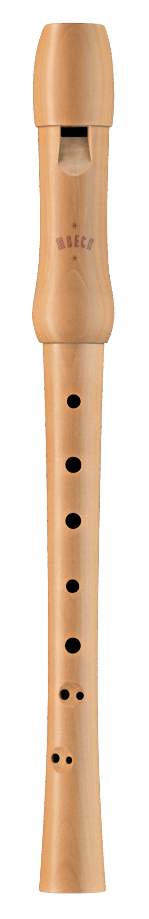 Das Bild zeigt eine Moeck 1212 Sopranblockflöte (Schulflöte) in Holzoptik mit schwarzen Löchern.