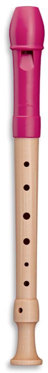 Eine Sopranblockflöte der Marke Mollenhauer 17312 >Tere< mit einem Kopfstück in Pink und einem Korpus in hellem Holzton ist senkrecht fotografiert.