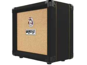 Der schwarze E-Gitarren Verstärker Orange Crush 12 hat eine beigefarbene Lautsprecherabdeckung mit Logo und wird von schwarzen Schutzecken verstärkt.