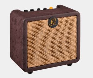 Nahaufnahme eines braunen Ortega Ptwo Akustikverstärkers mit geflochtener, beiger Front und schwarzem Logo auf der rechten Seite, vor einem hellgrauen Hintergrund.