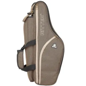 Abgebildet ist ein Ritter RBS7-AS/BDT Altsaxophon GigBag in Braun- und Beigetönen mit Reißverschlüssen, Tragegriff und dem Ritter-Logo.