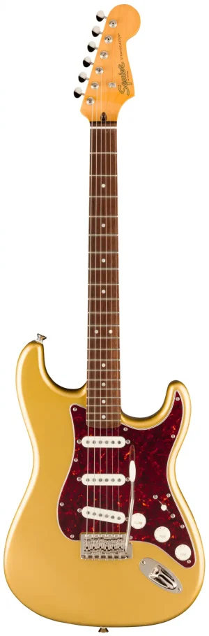 Das Bild zeigt eine E-Gitarre vom Typ Squier FSR Classic Vibe 60's Stratocaster in Aztec Gold mit einem rot-schildpattfarbenen Schlagbrett und einem Ahorn-Hals.