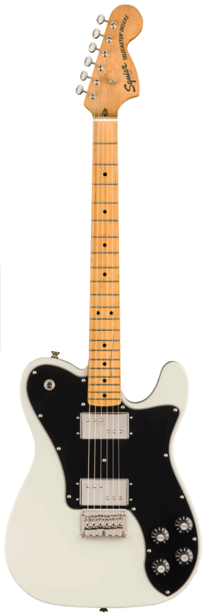 Eine Squier Classic Vibe 70's Telecaster Deluxe E-Gitarre in Olympic White mit schwarzem Schlagbrett und Ahornhals ist frontal abgebildet.