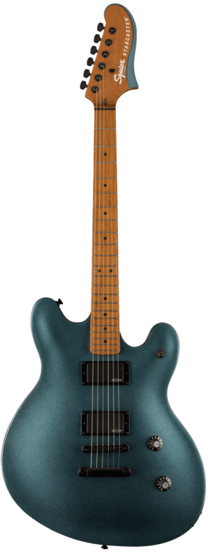 Das Bild zeigt eine Squier Contemporary Active Starcaster GMM E-Gitarre mit grün-metallic glitzernder Oberfläche, einem braunen Ahornhals und schwarzen Tonabnehmern.