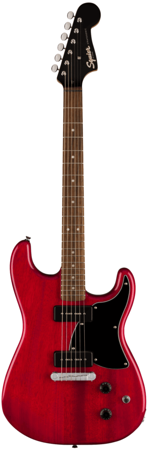 Das Bild zeigt eine Squier Contemporary Telecaster RH RMN PWT E-Gitarre mit rotem Korpus, schwarzem Schlagbrett und Kopfplatte sowie einem braunen Ahornhals.