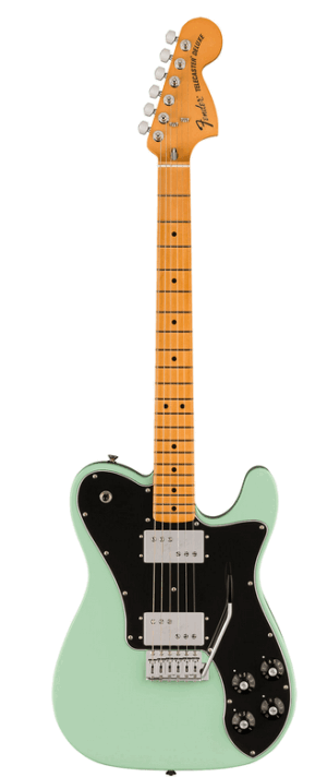 Das Bild zeigt eine Fender Vintera II 70's Tele Deluxe in Surf Green mit einem Ahornhals und einem schwarzen Schlagbrett.