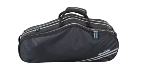AUTO-DRAFT: Eine schwarze Sporttasche mit grauen Streifen und dem Schriftzug "CHAMPION" ist vor einem weißen Hintergrund abgebildet.
