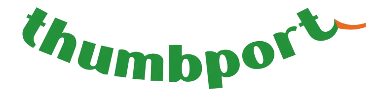 Das Bild zeigt den Schriftzug "thumbport" in grüner Schrift, wobei der Bogen des "t" am Ende orangefarben ist.