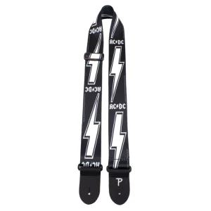 Dieser schwarze Perri´s Gitarrengurt "ACDC" LPCP-1035 ist mit weißen AC/DC-Logos und Blitzen bedruckt und wird mit schwarzen Endstücken und einer schwarzen Verstellschlaufe gehalten.