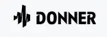 Das Bild zeigt das schwarze Logo „DONNER“, begleitet von einem abstrahierten Symbol, das einer Schallwelle oder einem Musik-Equalizer ähnelt, auf einem weißen Hintergrund.
