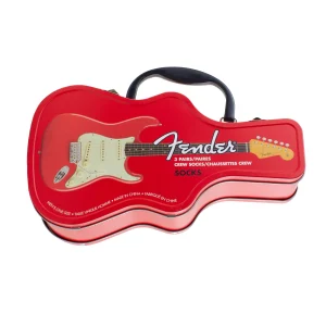 Eine rote, gitarrenförmige Metalldose mit schwarzem Tragegriff zeigt eine weiße E-Gitarre und den Fender-Schriftzug.