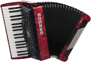 Abgebildet ist ein rotes Akkordeon vom Typ Hohner Bravo III 72 Silent Key mit schwarzen Balgfalten und weißen Tasten.