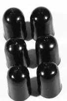 Sechs schwarze Meinl CAPS-02 Percussion Abdeckkappen sind auf einer weißen Oberfläche angeordnet.